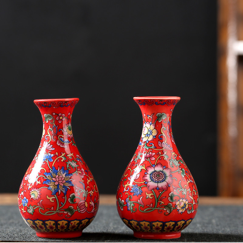 结婚花瓶摆件一对陶瓷红花插花器客厅电视柜装饰摆件简约新婚喜庆