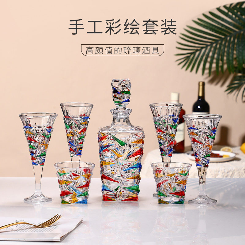 手绘酒具冰裂款系列威士忌红酒杯酒樽套装家用彩绘水晶杯玻璃酒瓶