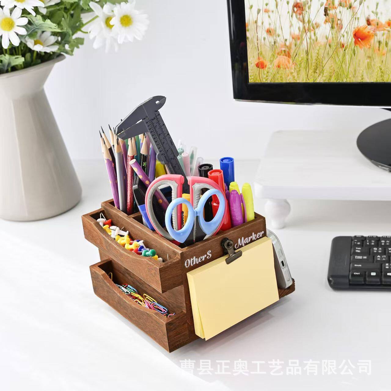 木质收纳盒办公桌文具盒分格式签字笔架旋转储物盒笔架实木整理盒