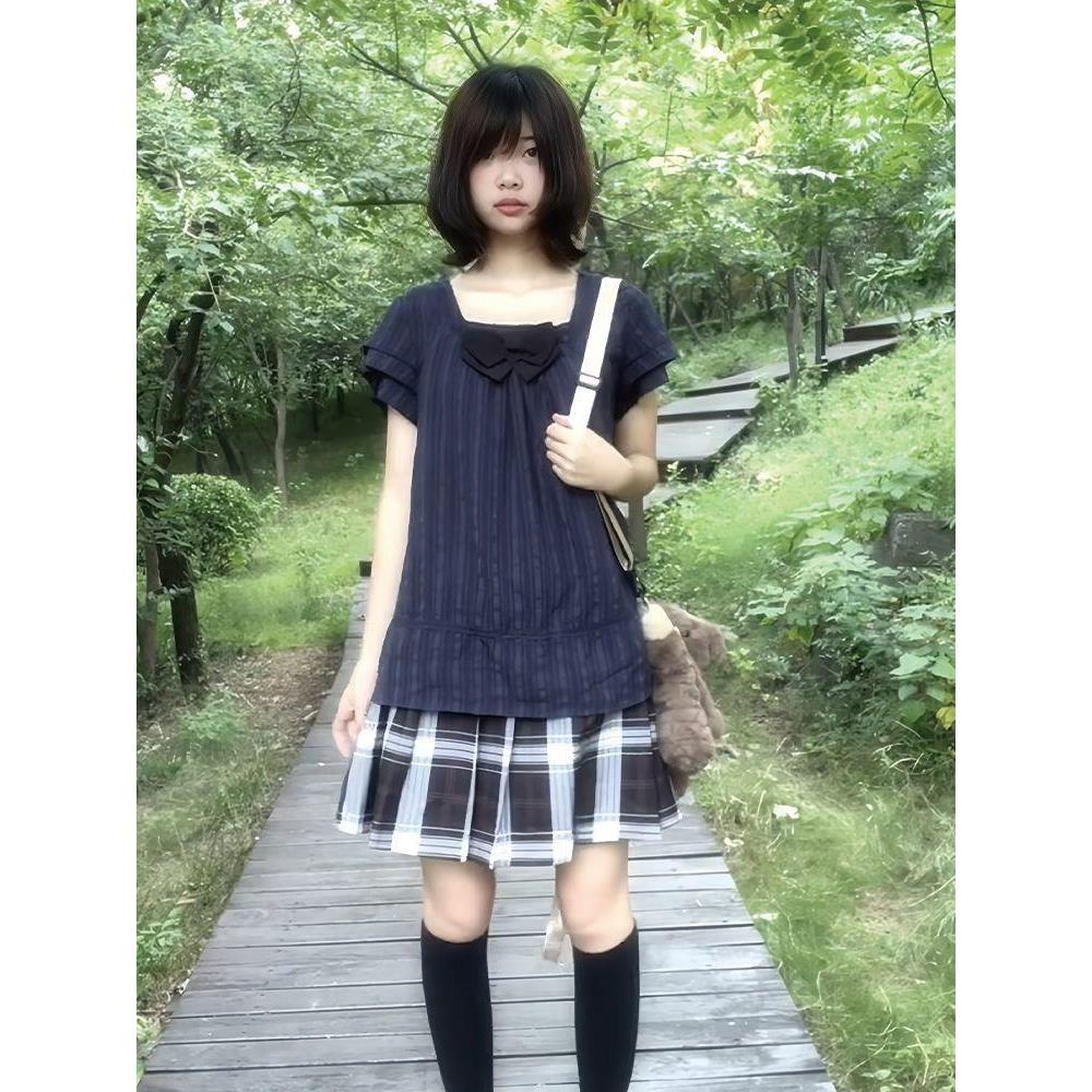 少女漫画莱赛尔风琴褶套头小衫女下摆花边短袖上衣