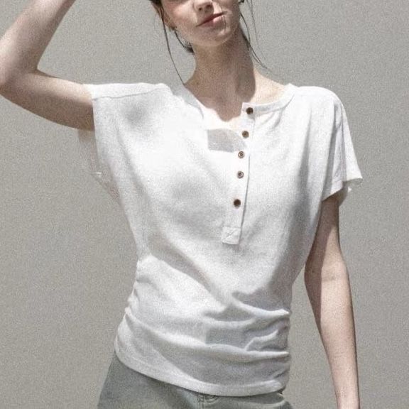 羊城故事 法式白色亨利领正肩收腰短袖T恤女2026夏季宽松显瘦上衣