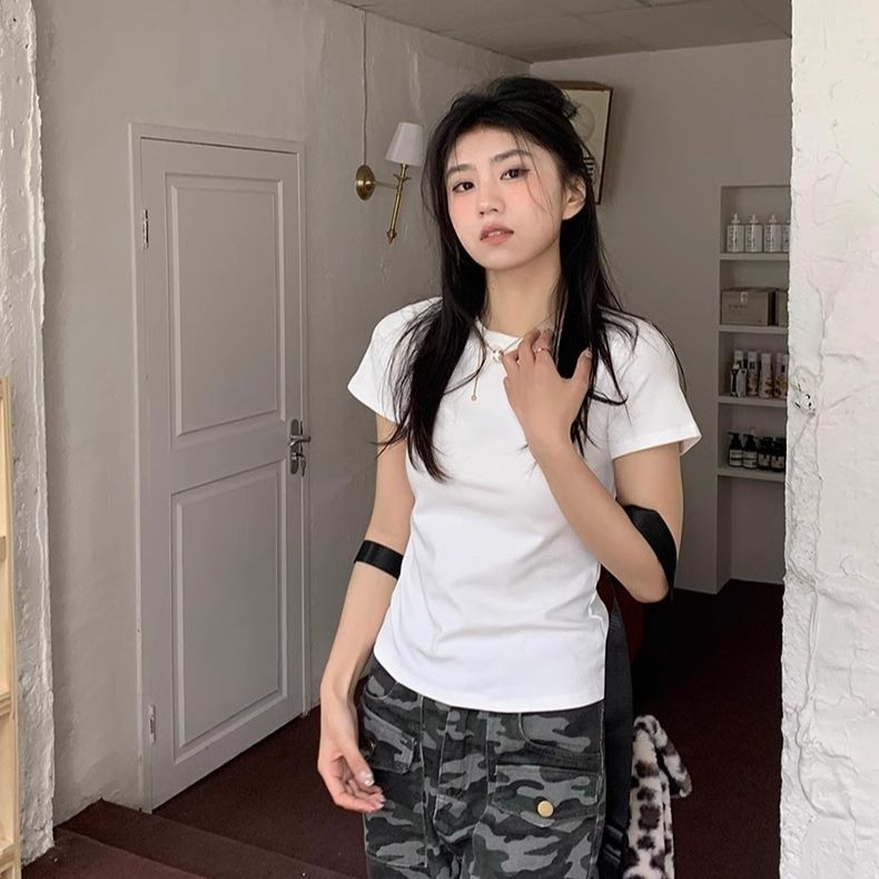 橘子树在哪儿纯色简约正肩短袖t恤女夏季修身显瘦体恤百搭短上衣