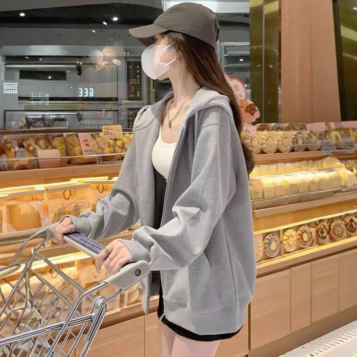早秋外套女2026新款流行爆款连帽秋季卫衣女春秋薄款灰色开衫上衣