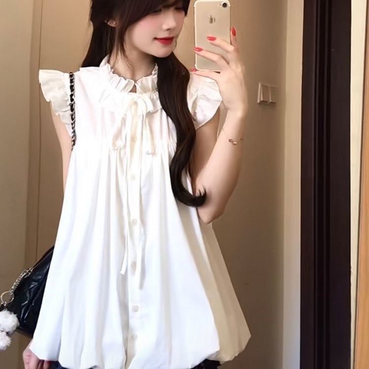 2026超火女装套装白色小飞袖花苞背心上衣格纹半裙两件套小个子夏