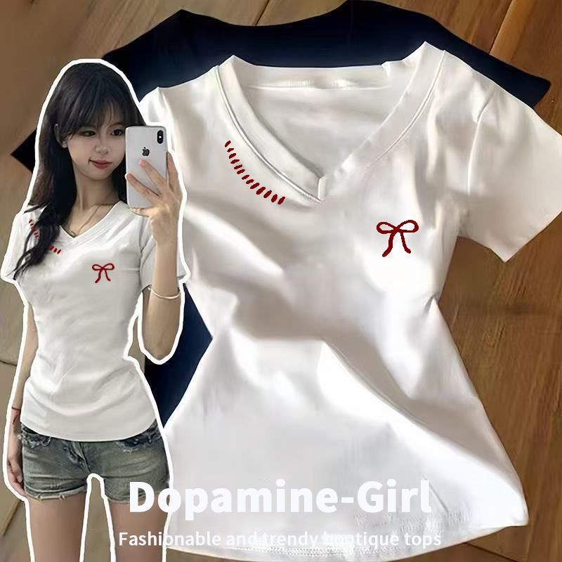 美式正肩V领修身短袖T恤女夏季穿搭超好看独特漂亮蝴蝶结印花上衣