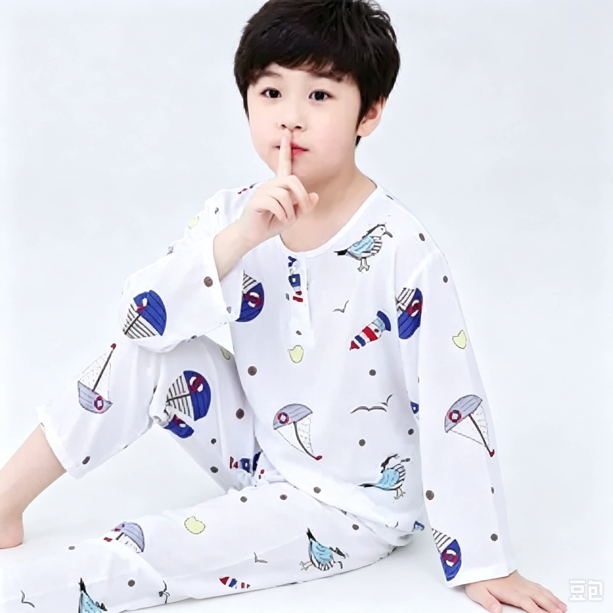 儿童绵绸睡衣夏季空调服薄款长袖