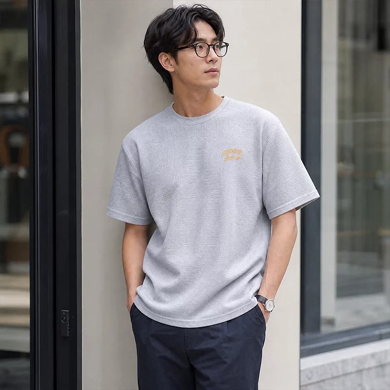 外贸尾货华夫格短袖T恤男款宽松圆领纯色百搭休闲T恤上衣夏季衬衫
