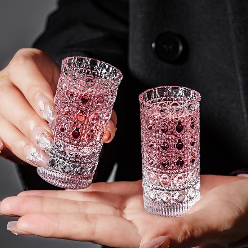 跨境酒杯shot杯宝石纹浮雕鸡尾酒杯套装杯一口杯酒杯架纹白加轻奢