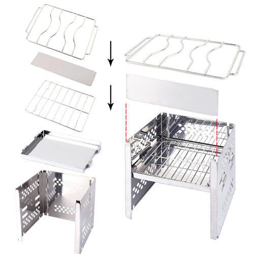 新款户外迷你不锈钢折叠烧烤炉野营烧烤架挡风板柴火碳烤炉焚火架