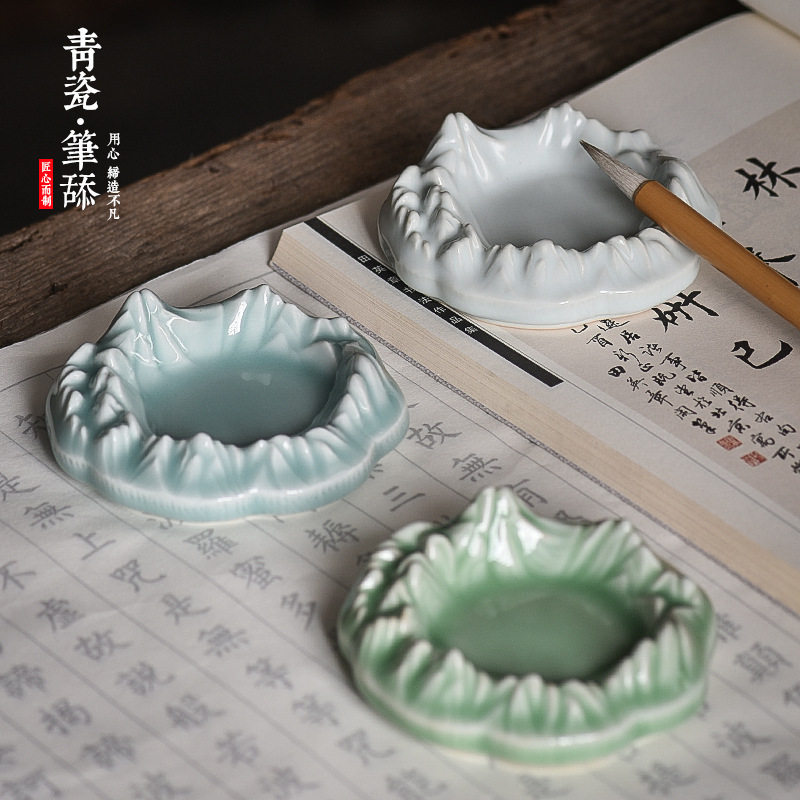 批发新款文房四宝汝窑笔筒带盖砚台墨碟镇尺水滴砚滴笔洗笔山