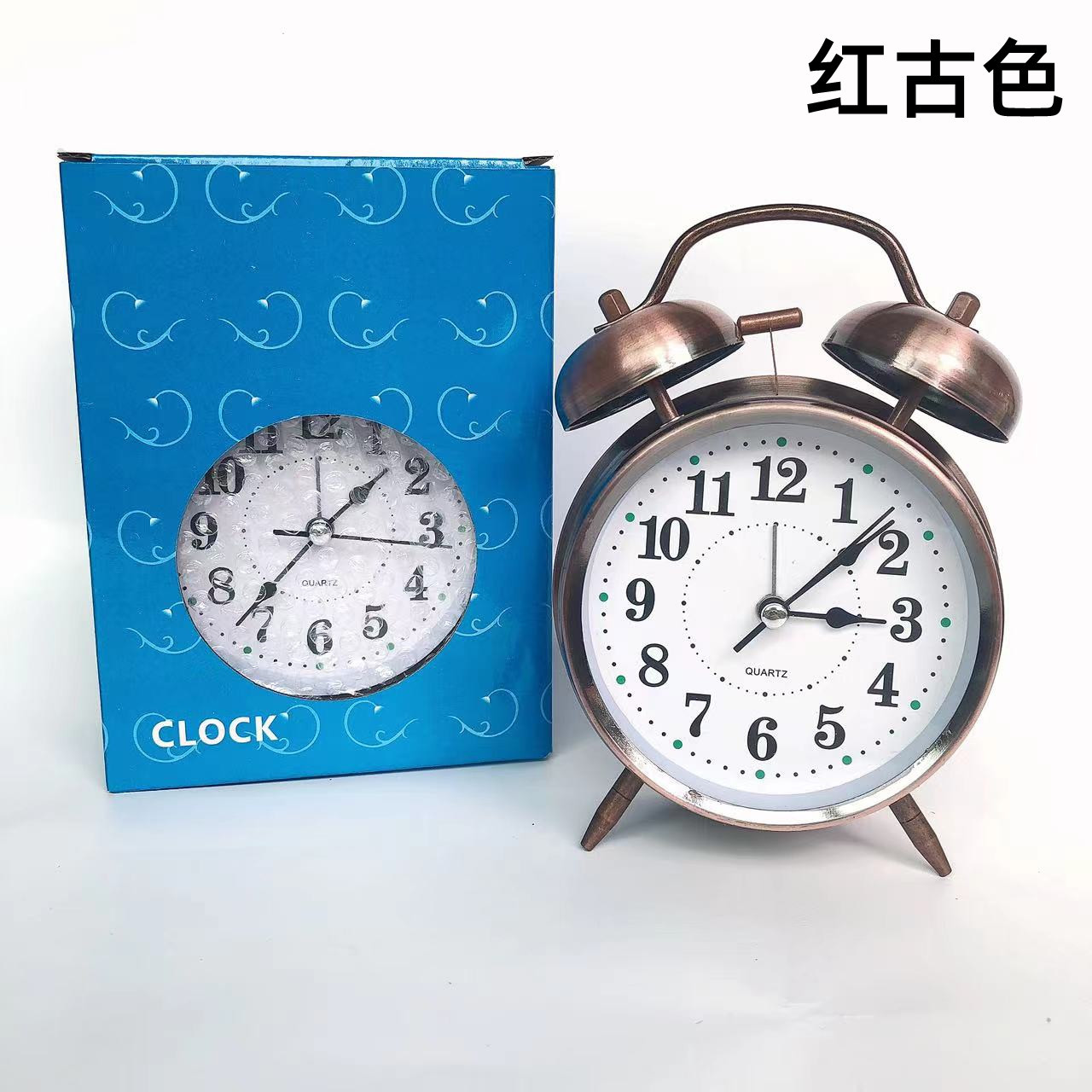 金属打铃闹钟4寸静音款床头小台钟仿古书桌小时钟义乌现货批发