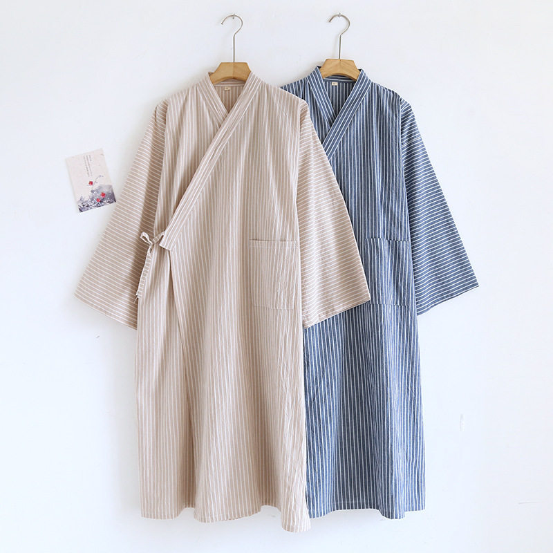 春秋男士睡袍汉服纯棉系带开衫浴袍宽松大码夏季薄款家居服汗蒸服