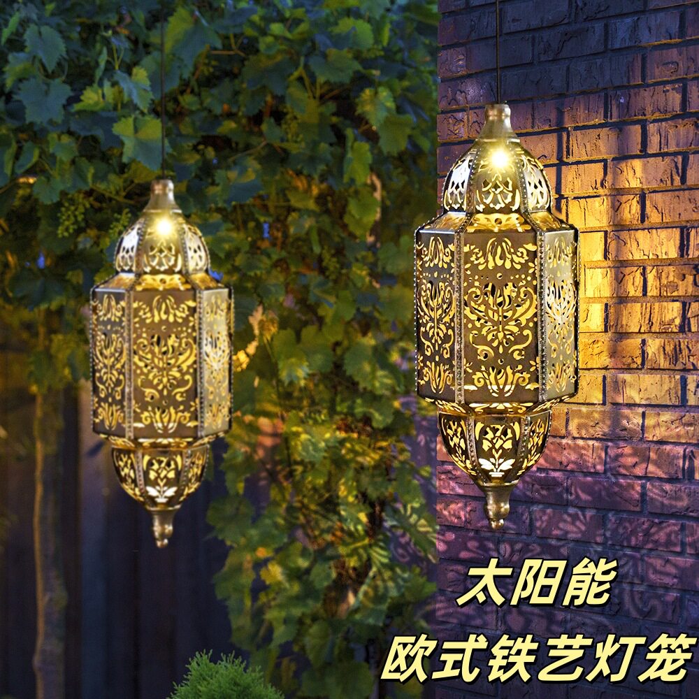 跨境太阳能铁艺灯笼摩洛哥户外防水挂树吊灯中东庭院花园灯氛围灯