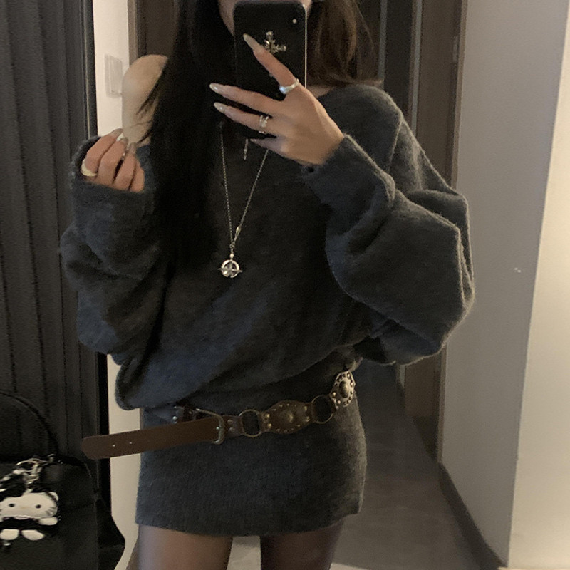 韩系御姐穿搭斜肩毛衣包臀裙女2026年秋季新款显瘦针织连衣裙子