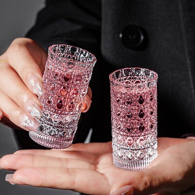 跨境酒杯shot杯宝石纹浮雕鸡尾酒杯套装杯一口杯酒杯架纹白加轻奢