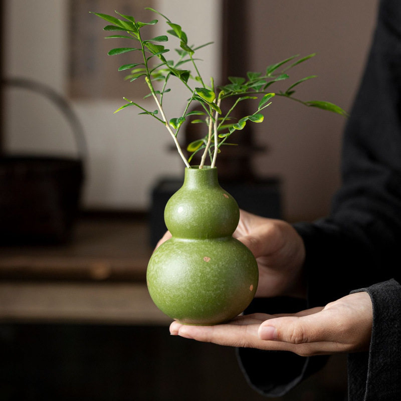小青柑陶瓷葫芦插花瓶茶室茶桌装饰品招财摆件花器插花器茶室花瓶