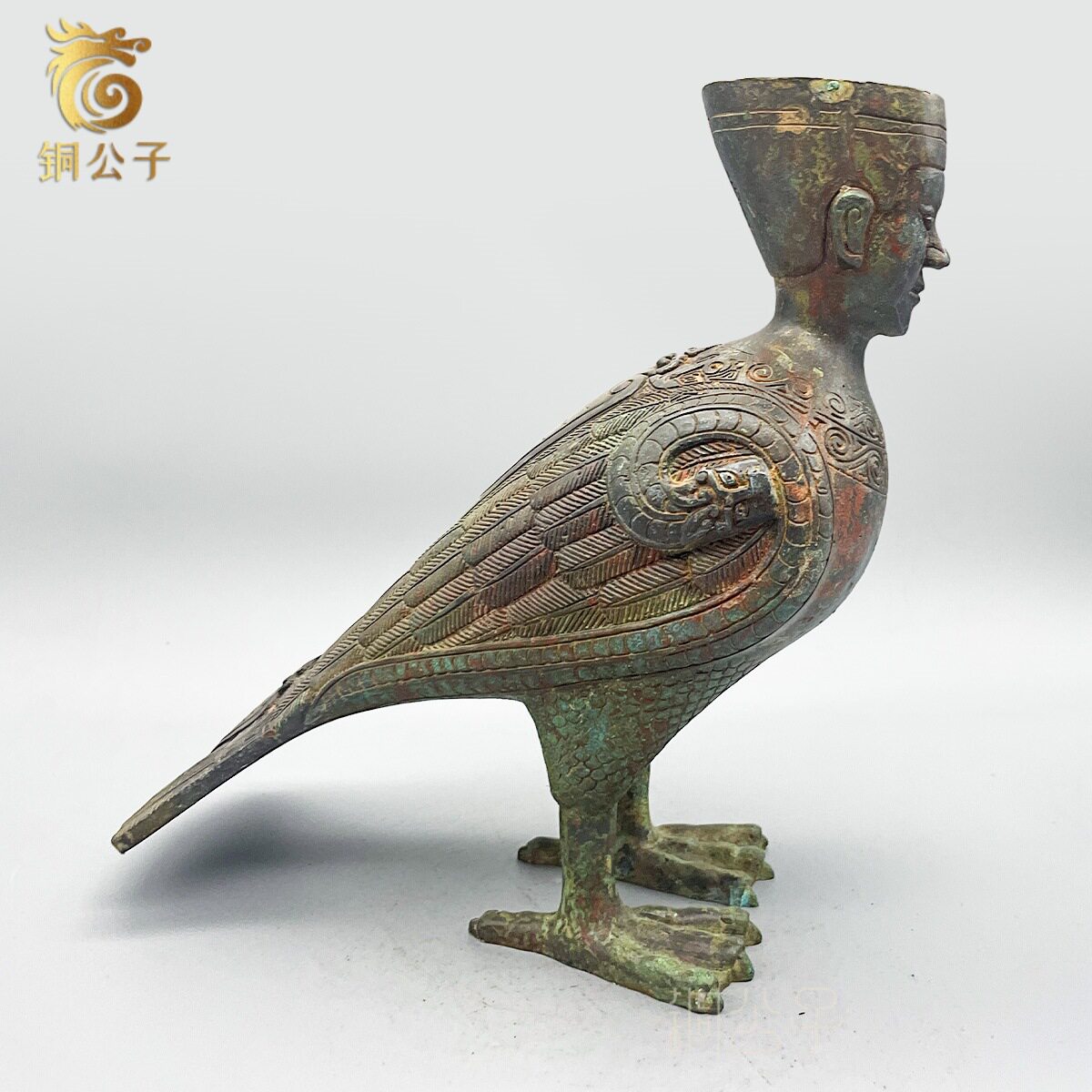 五代南唐人面鸟首佣仿古青铜器工艺品人面鸟复刻古玩摆件博物馆