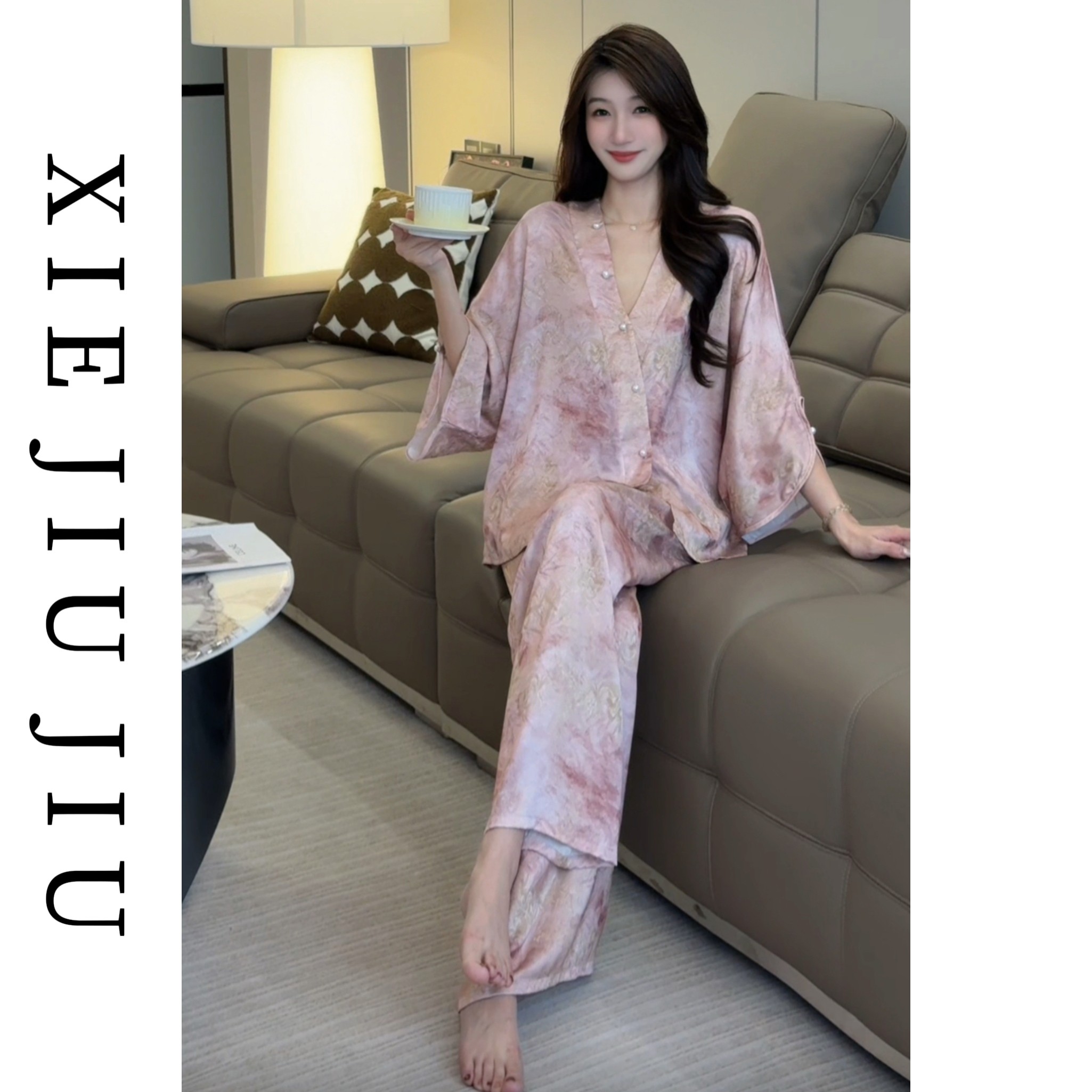 七分袖国风新中式冰丝睡衣女显瘦