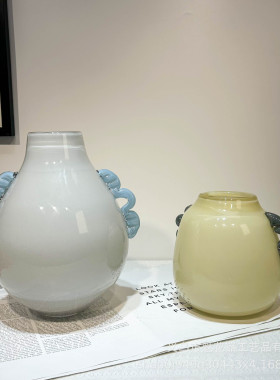 奶油风小口径大肚手工琉璃花瓶高级感艺术摆件客厅样板间桌面装饰