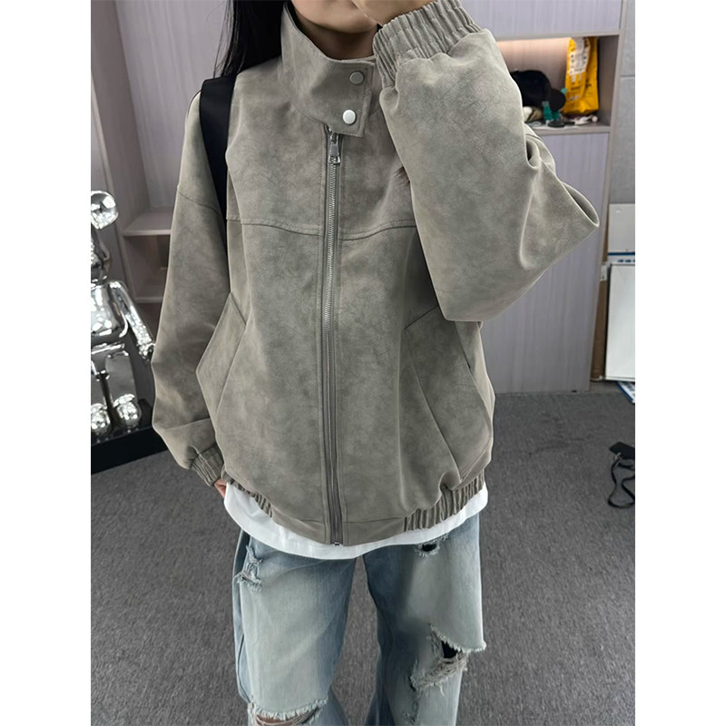 美式扎染pu皮衣短款外套