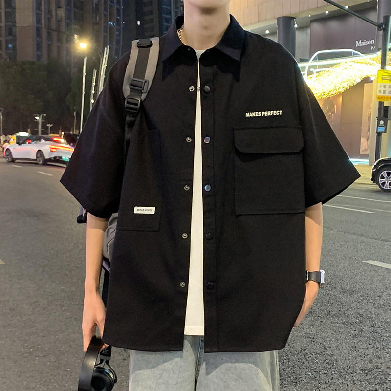 高级感工装衬衫男短袖夏季冰丝半袖衬衣男青少年港风宽松百搭上衣