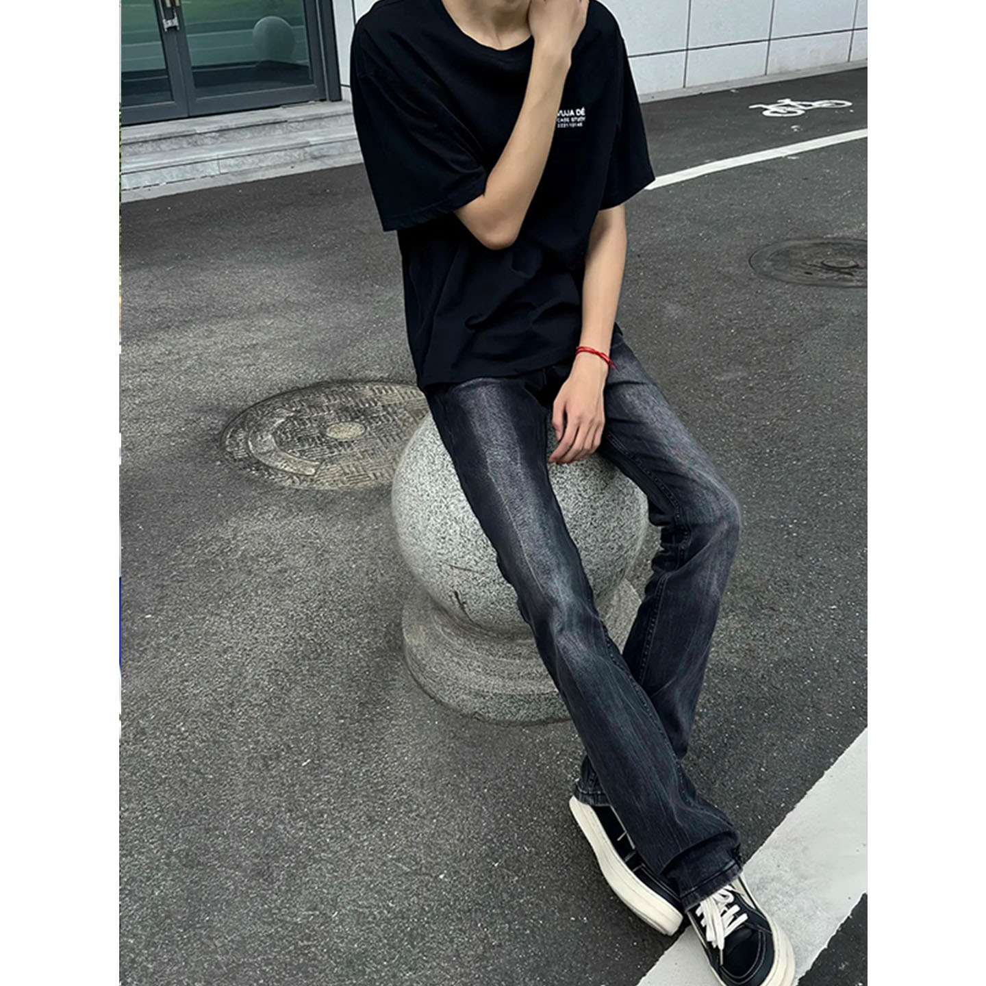 美式高街水洗黑灰弹力弯