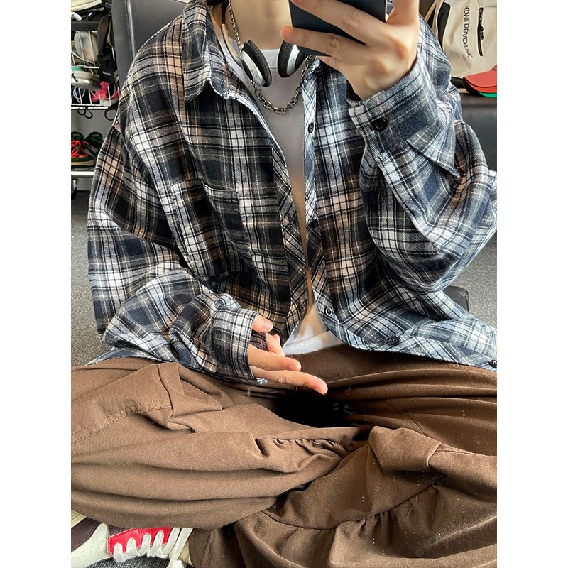 美式复古格子衬衫男春夏潮牌vibe高街长袖衬衫少年感潮流百搭外套
