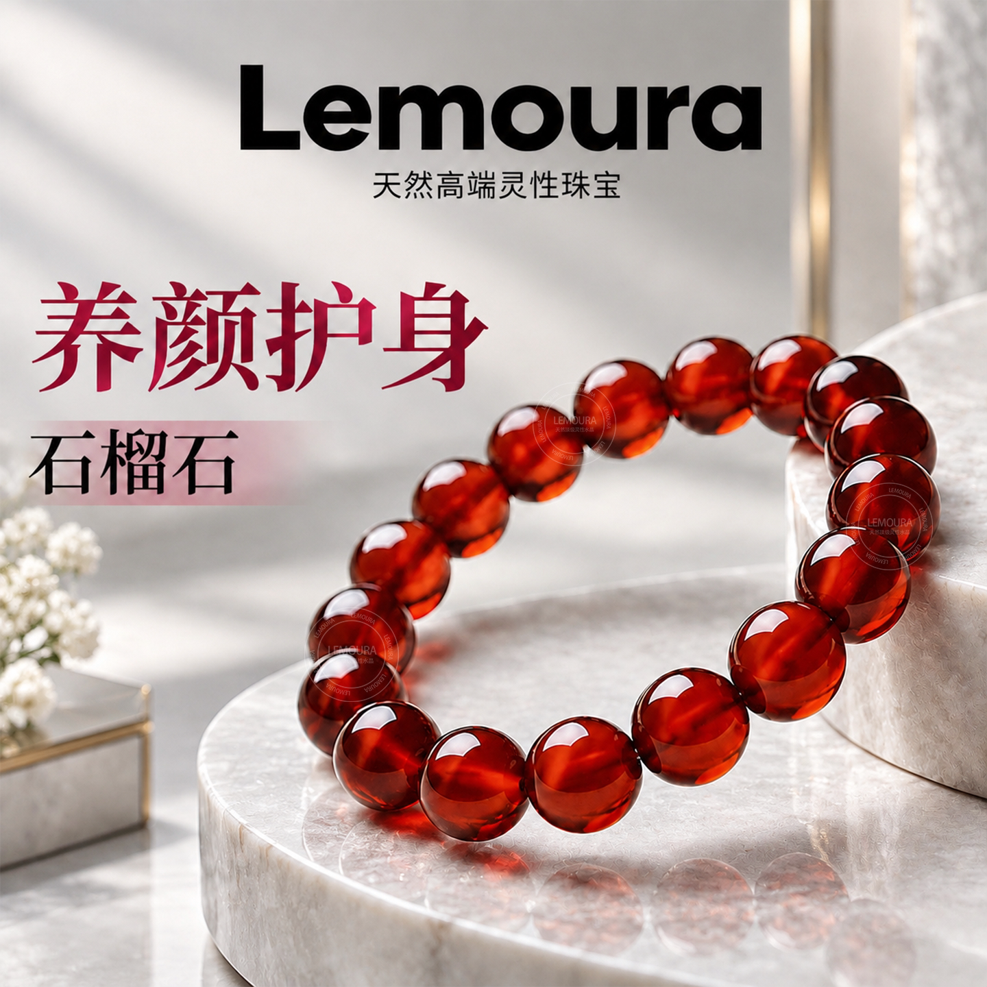 Lemoura天然石榴石手链酒红通透