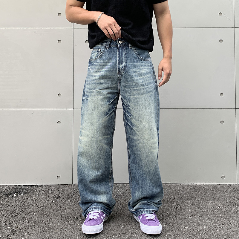 怀旧蓝猫须水洗直筒显瘦牛仔裤男