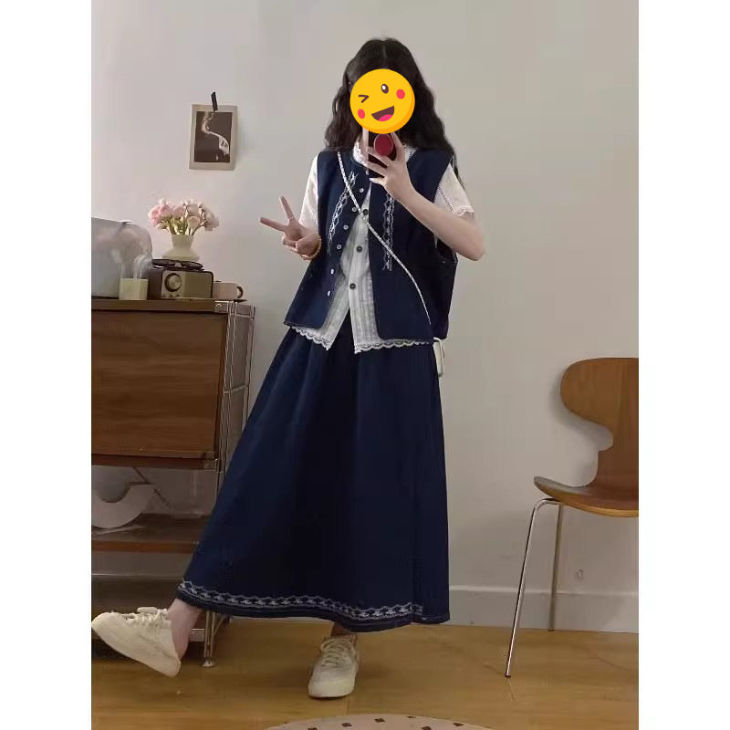 韩版气质蕾丝衬衫牛仔马甲半裙女