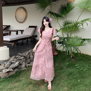 大码女装夏款减龄法式气质收腰显瘦扎染粉色波点连衣裙女领