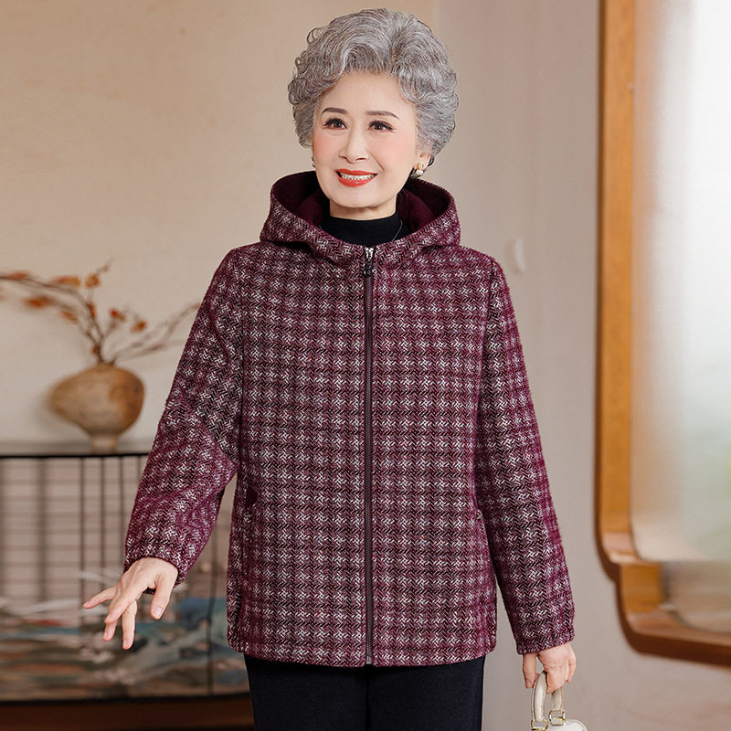 中老年妈妈格子连帽休闲毛呢外套