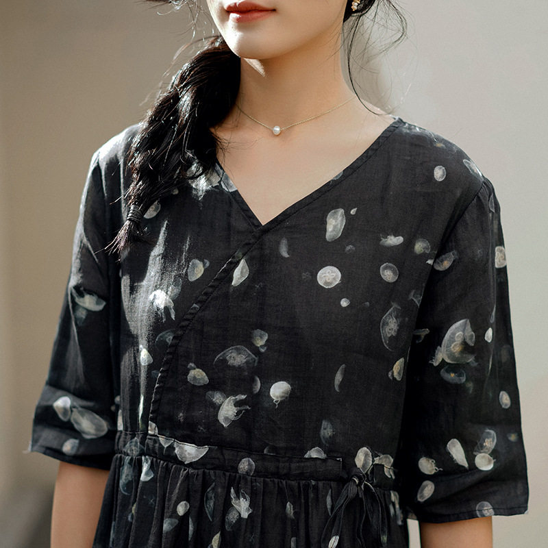 棉麻女装新款短袖苎麻碎花连衣裙