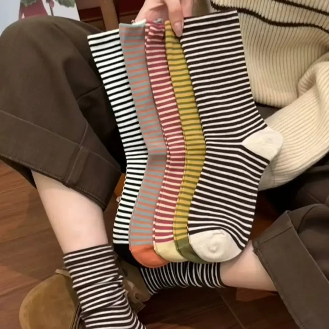 袜子女复古日系细条纹潮流黑色透气运动百搭不撞款休闲亲肤堆堆袜