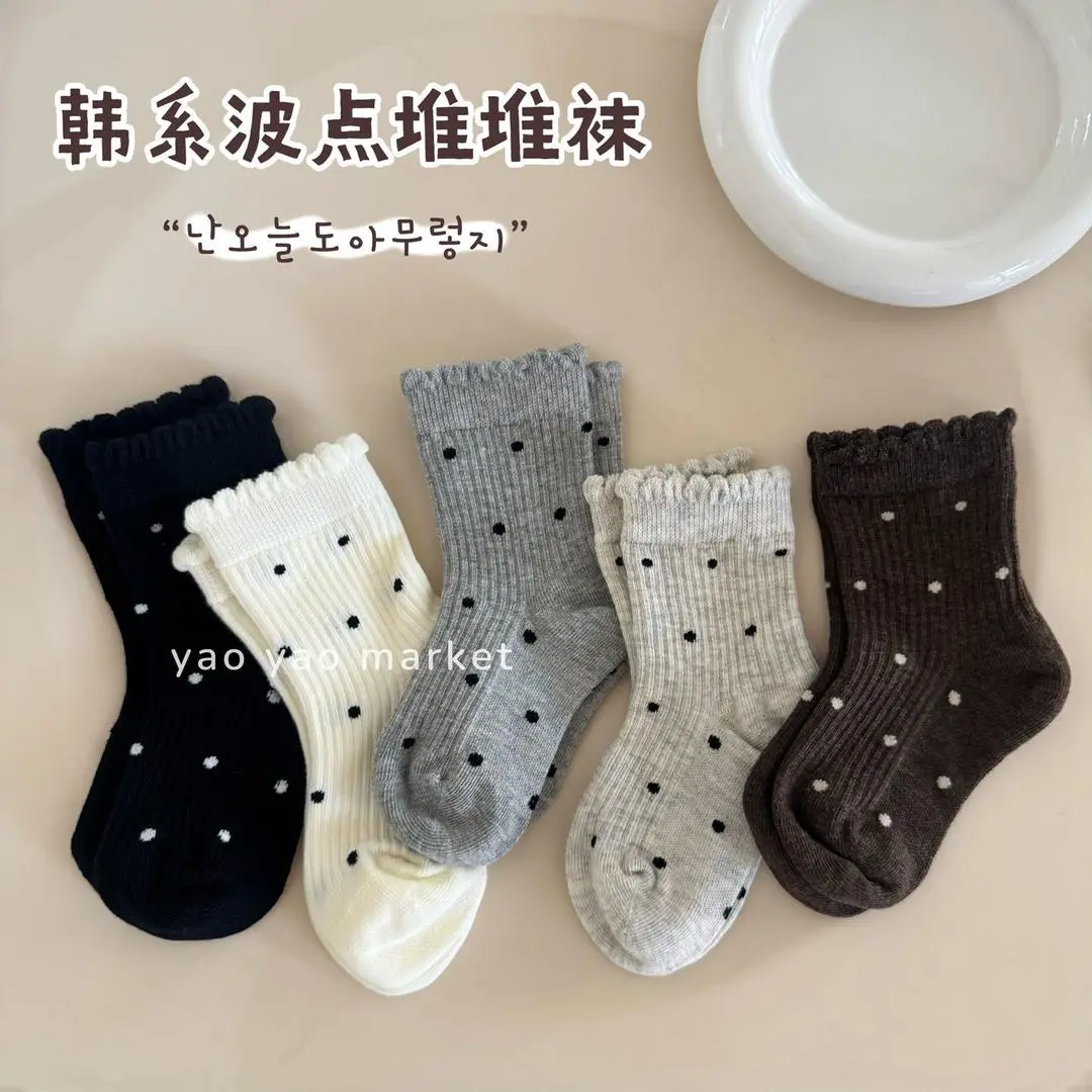 儿童袜子中筒秋季女童黑白洋气韩版波点松口花边棉袜女孩宝宝K
