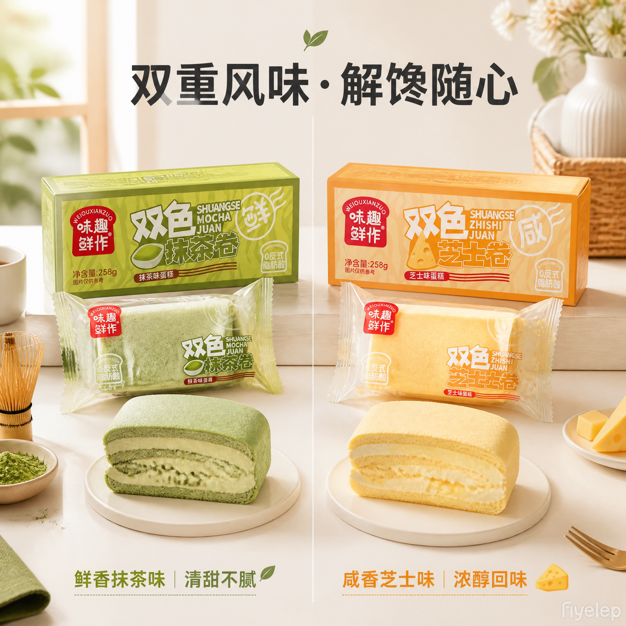 味趣鲜作紫薯豆乳抹茶芝士蛋糕5个装258g