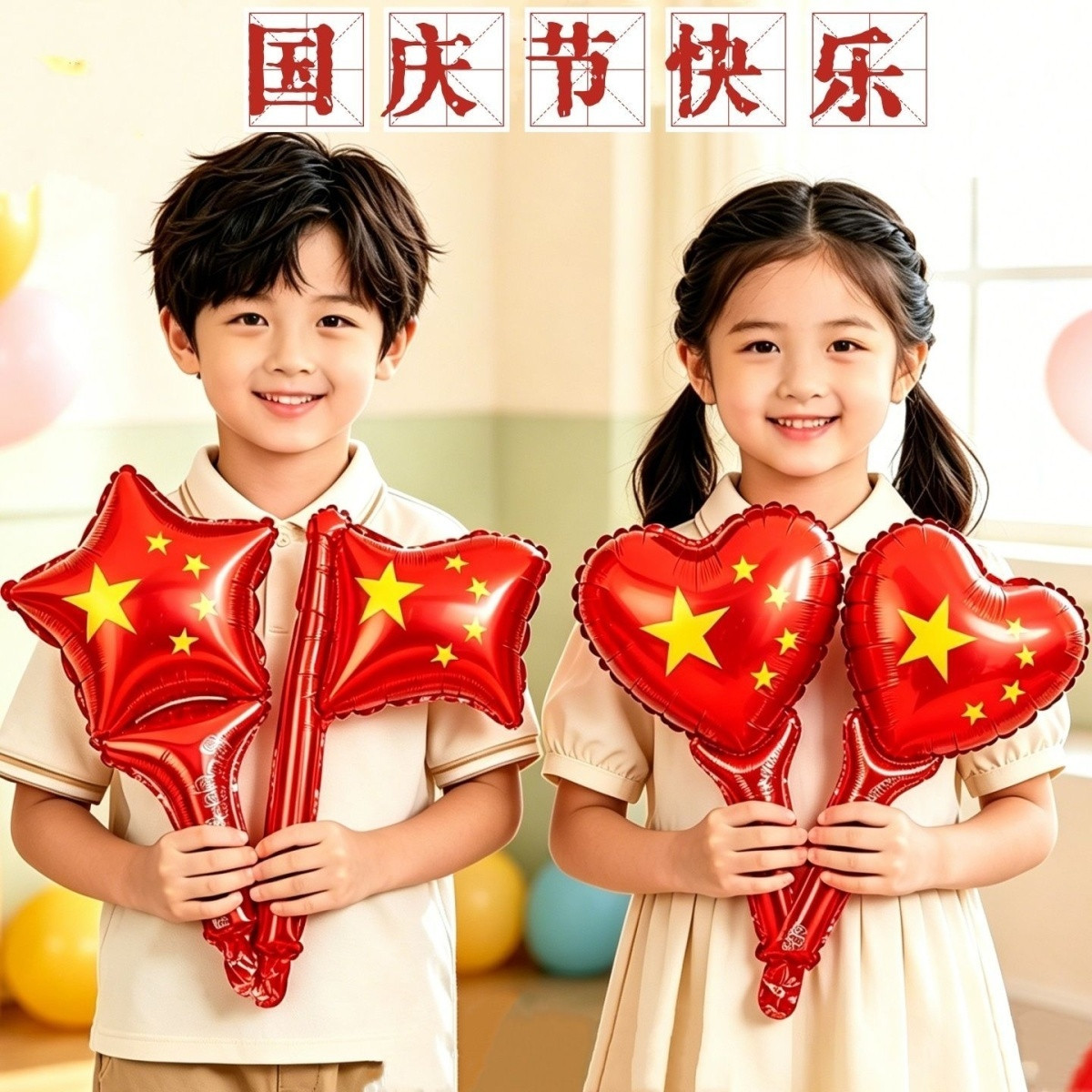 国庆节氛围铝膜气球装饰爱心五角星国旗商场幼儿园活动布置手持棒