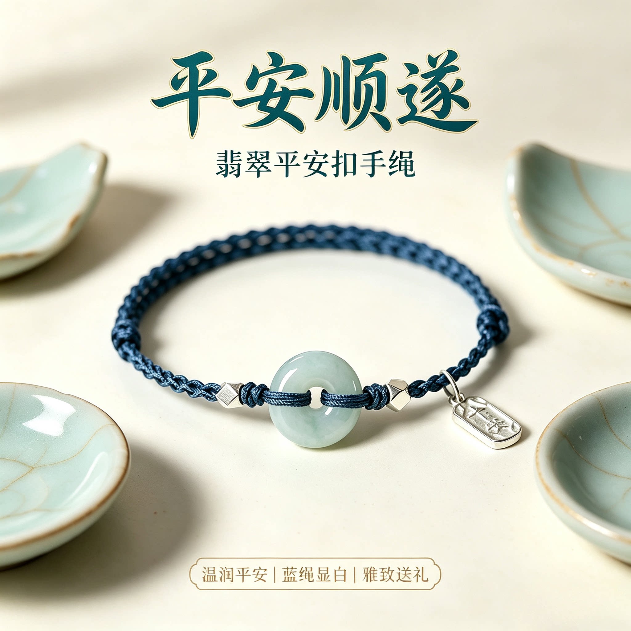 【假一赔十】新中式翡翠平安扣手绳 手工编织蓝绳百搭手链送礼