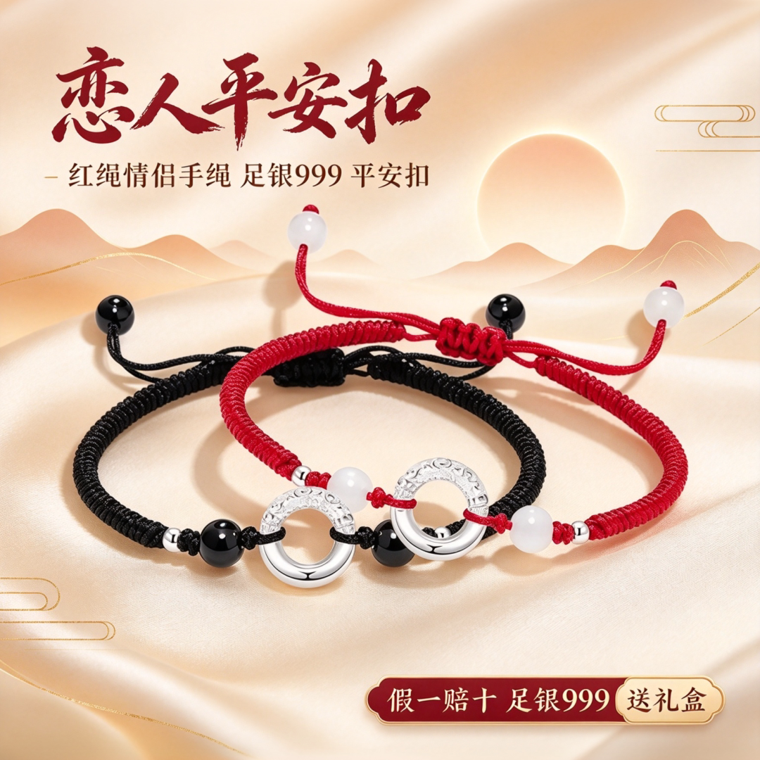 【假一赔十】祥云平安扣纯银手链新款情侣手串银饰手绳生日礼物