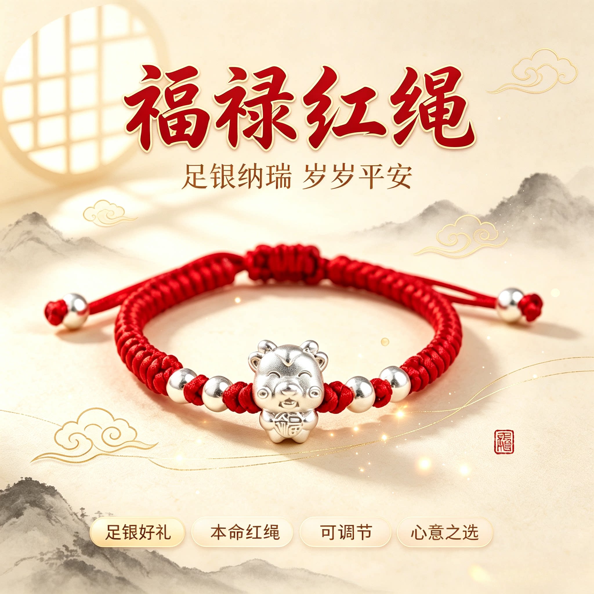 足银999宝宝生肖红绳手链本命年