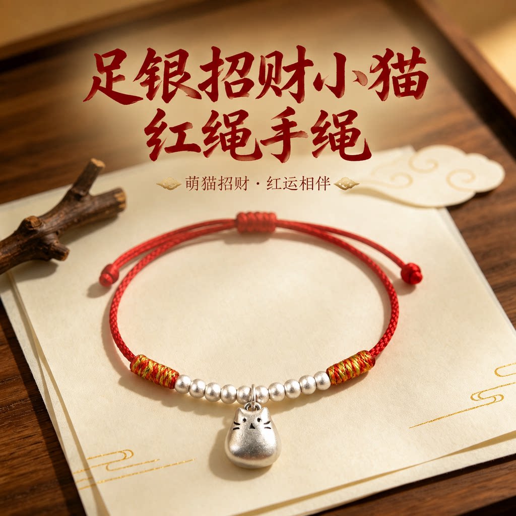 【假一赔十】小龙猫999纯银本命年红绳好运平安转运新中式古风