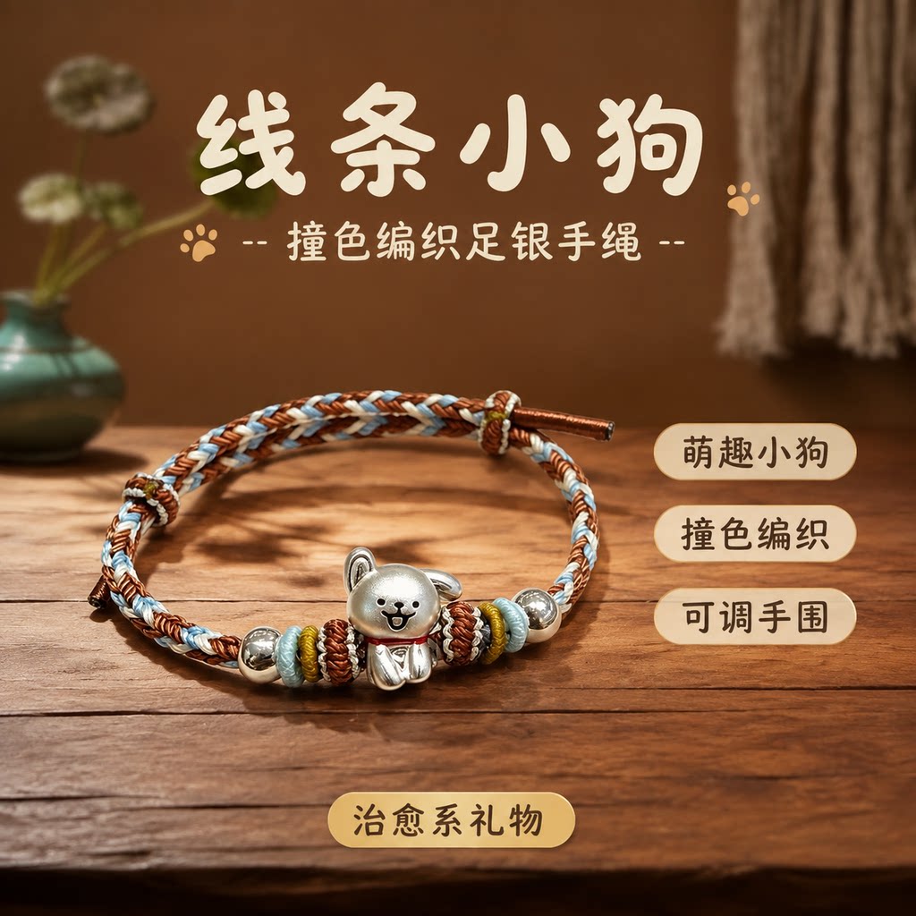 【假一赔十】足银线条狗转运珠手链编织新款手绳情侣款送女友