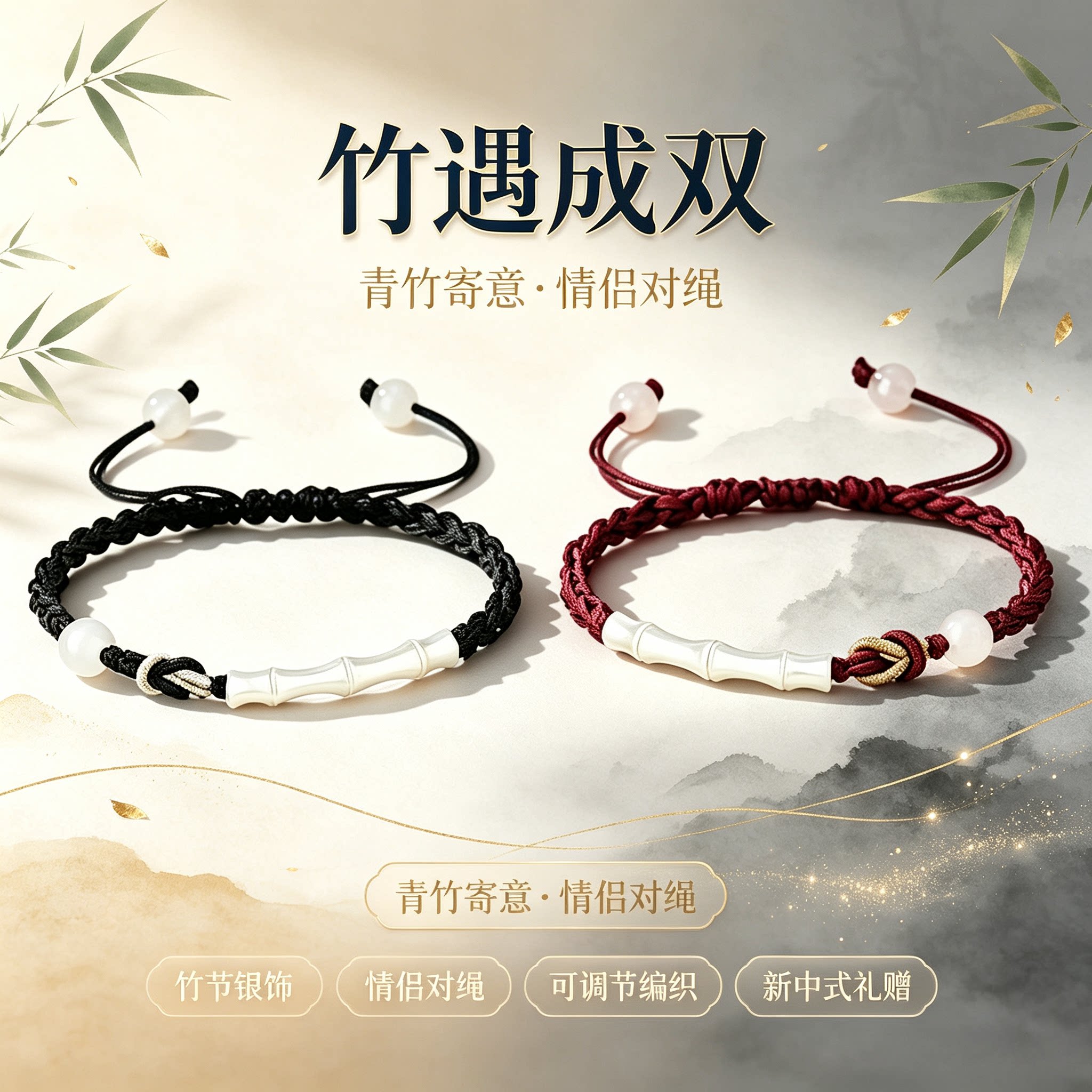 【假一赔十】竹报平安银竹节情侣编绳手链 黑红配色男女纪念礼物
