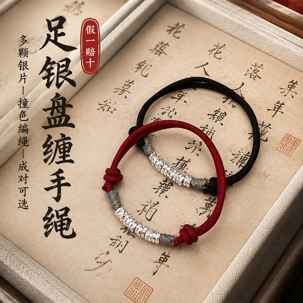 足银999盘缠银片情侣闺蜜手绳图片