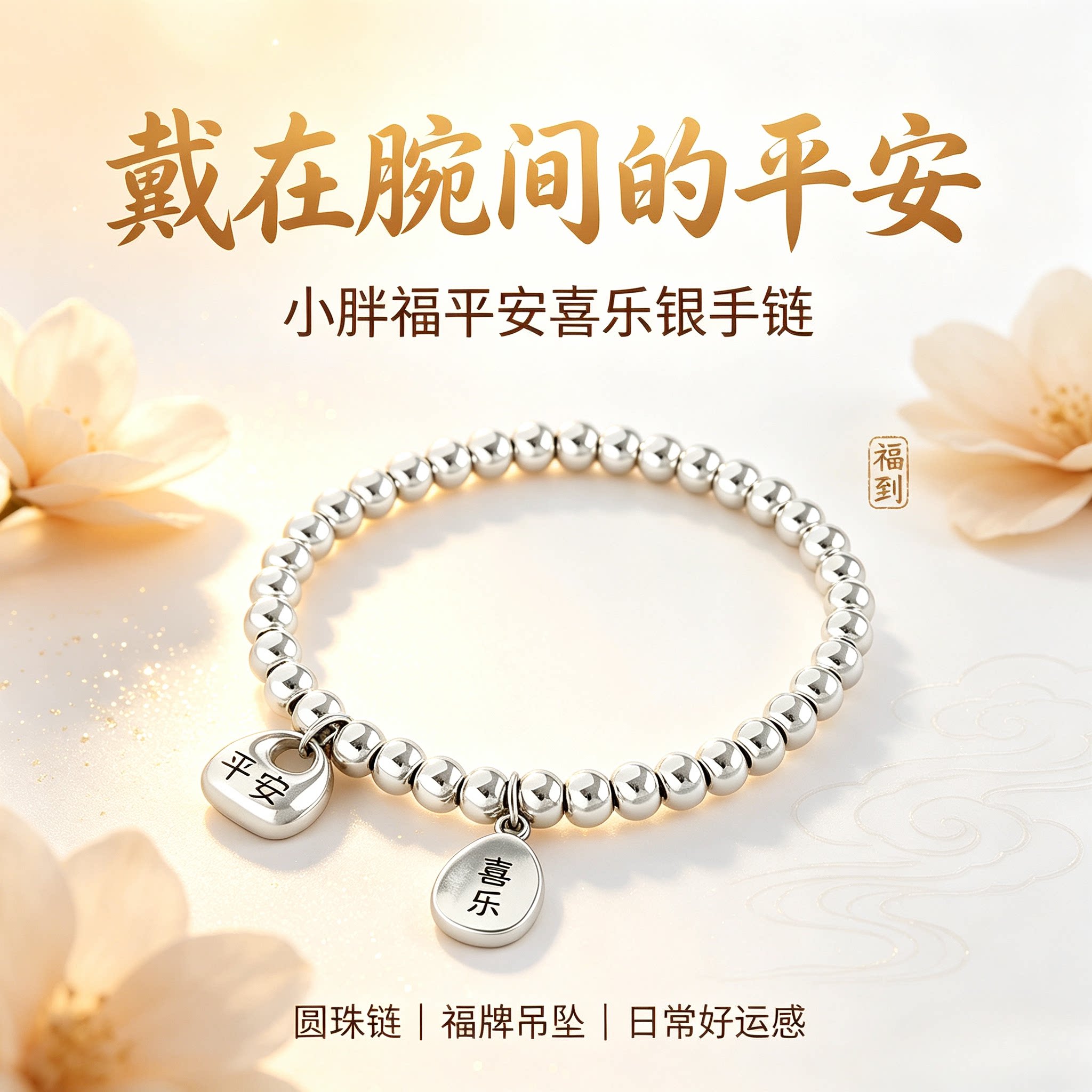 【假一赔十】小胖福双吊牌银手链 光面圆珠手串平安喜乐寓意送礼