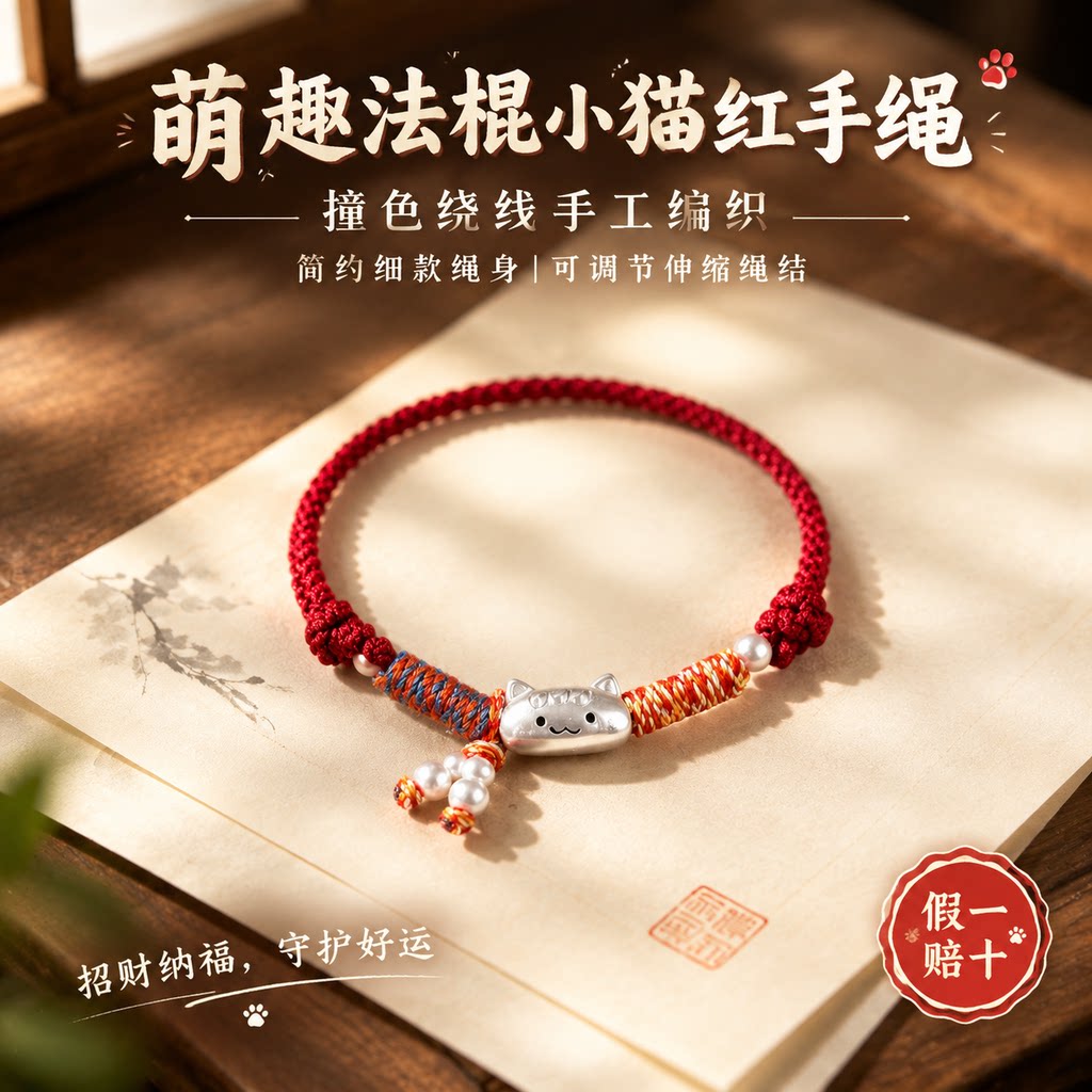 【假一赔十】福团喵法棍猫本命年红手绳编织红绳手链生日礼物