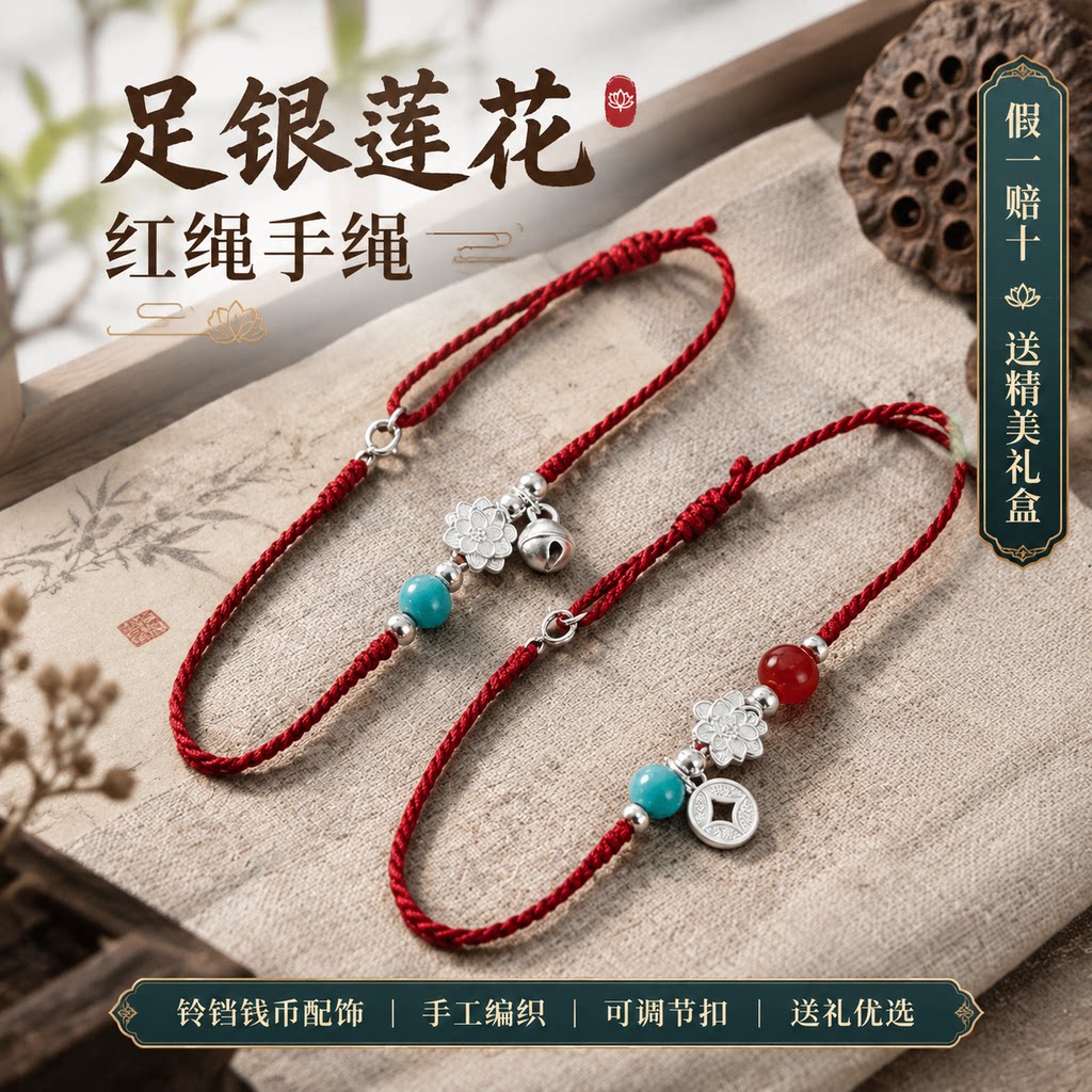 足银999莲花红绳铃铛手链