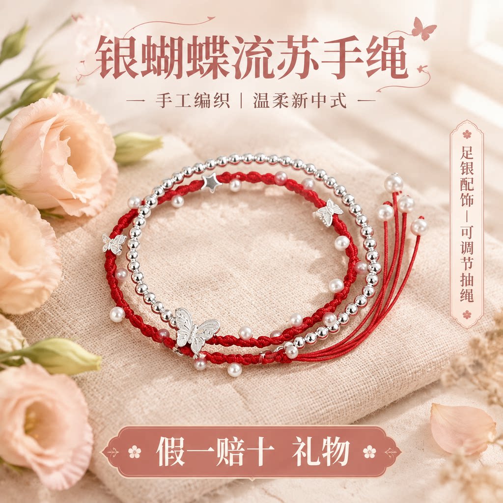 足银999双层蝴蝶珍珠流苏手链