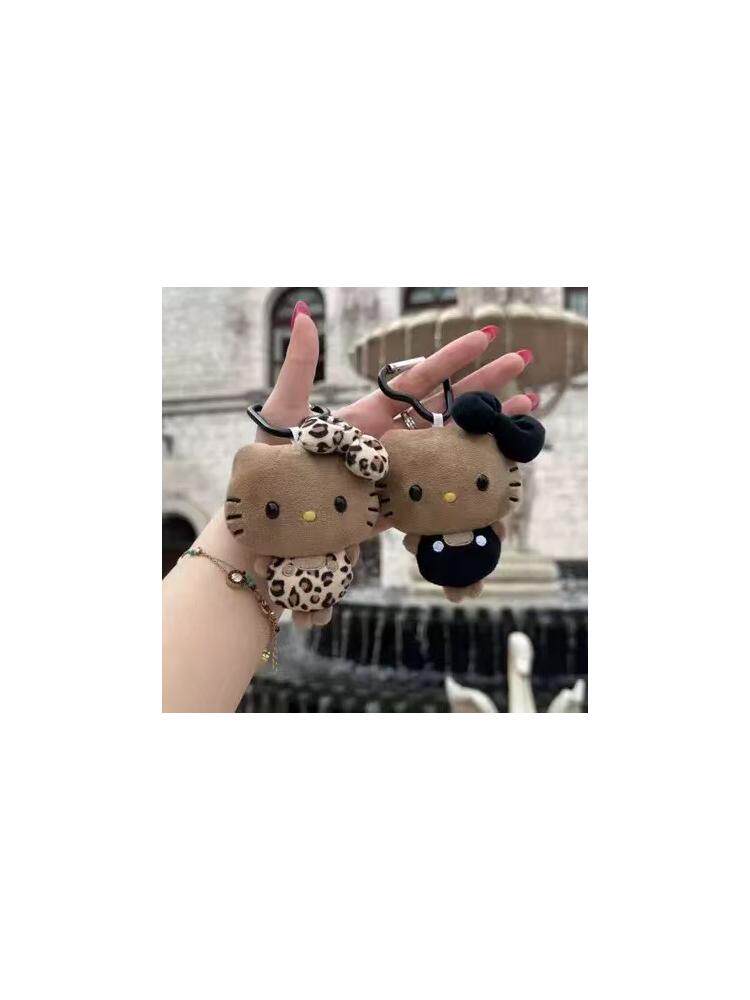 Tenle cute KT cat leopard print kt plush lanyard pendant bow black leather kt bag pendant keychain doll male