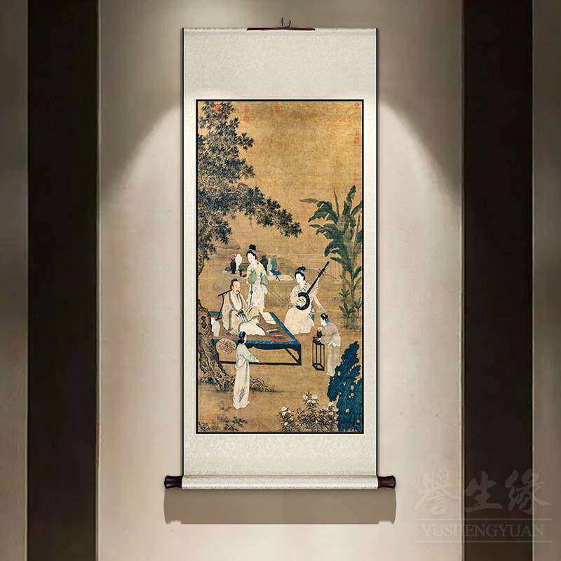 听阮图人物古画中式卷轴挂画竖版玄关走廊过道装饰画韩熙载夜宴图